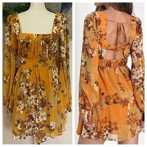 NWOT Lulus Gorgeous Vibe Yellow Floral Print Babydoll Mini Dress